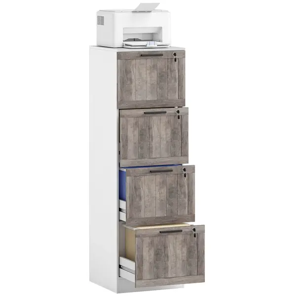 HOMCOM Cajonieră de Birou cu 4 Sertare Încuietoare 2 Chei Bare Suspendate pentru A4 Scrisoare 39,4x40x129 cm Alb și Lemn | Aosom Romania