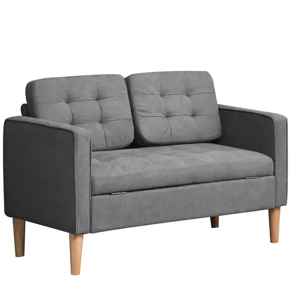 HOMCOM canapea 2 locuri, canapea cu spațiu de depozitare, picioare din lemn, canapea tapițată cu aspect catifelat pentru living, dormitor, 117x 62 x 78 cm, Gri | Aosom Romania