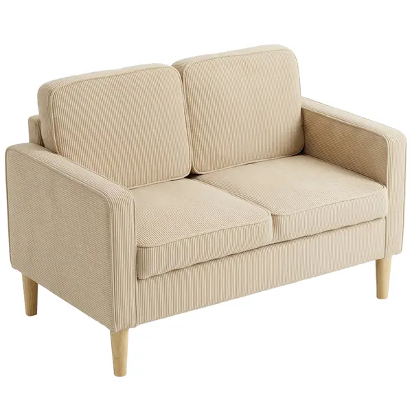 HOMCOM Canapea 2 locuri cu 2 perne decorative, depozitare, picioare din lemn masiv, loveseat mic modern, catifea côtelată, 117 x 63 x 79 cm, bej | Aosom Romania