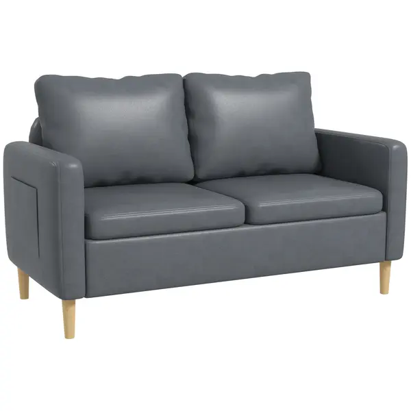 HOMCOM Canapea 2 locuri Tapițată în Poliester cu 2 Buzunare Laterale, Brațere și Picioare din Lemn 143x76x83 cm Gri | Aosom Romania