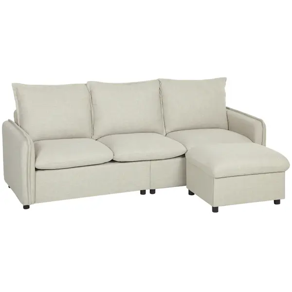 HOMCOM Canapea 3 locuri cu pouf de depozitare, canapea colțar modulară 212 cm, perne cu arcuri, țesătură din in, crem | Aosom Romania