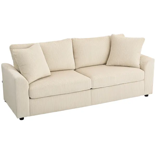 HOMCOM Canapea 3 Locuri din Catifea Reiată cu 2 Perne, 212x80x88 cm, Crem | Aosom Romania