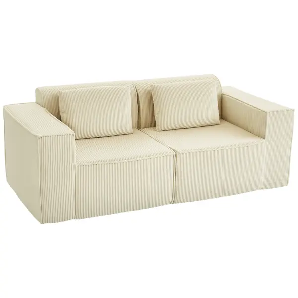 HOMCOM Canapea 3 Locuri Extra Profundă 65 cm, Modulară Fără Structură cu Perne Groase, Cotiere Largi și 2 Perne, Sofá Modern din Catifea pentru Living și Sufragerie, Bej | Aosom Romania