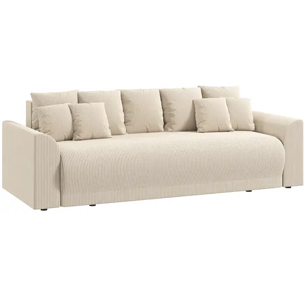 HOMCOM Canapea extensibilă 190x150cm, sofa 3 locuri cu funcție de dormit, perne, spațiu de depozitare, aspect corduroy pentru living, Bej | Aosom Romania