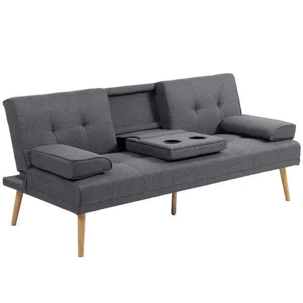 HOMCOM Canapea Extensibilă cu 3 Locuri, 2 Cotiere Detașabile, Covoraș Antiderapant și Imitație In și Lemn, 181x77x72 cm, Gri Închis | Aosom Romania