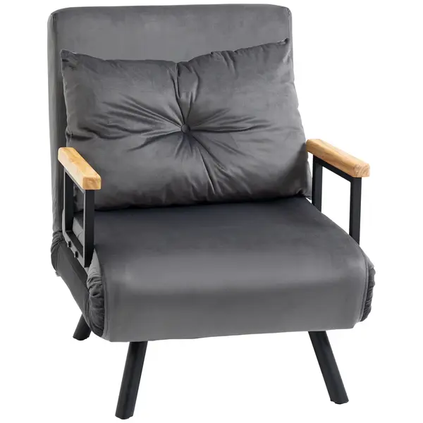 HOMCOM Canapea Extensibilă cu Spătar Reglabil pe 5 Nivele, Canapea Pat Individuală Pliabilă cu Perne, 63x73x81 cm, Gri | Aosom Romania