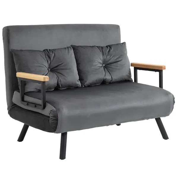 HOMCOM Canapea Pat de 2 Locuri cu Spătar Reglabil pe 5 Nivele și 2 Perne din Material Capitonat, 102x73x81 cm, Gri Închis | Aosom Romania