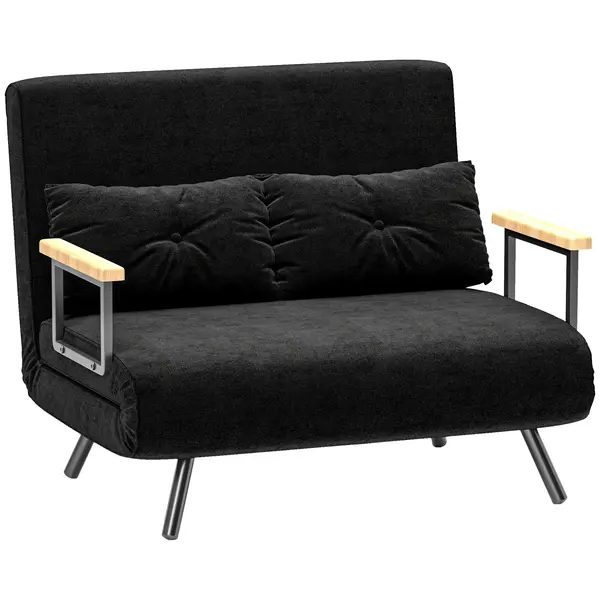 HOMCOM Canapea Pat de 2 Locuri cu Spătar Reglabil pe 5 Nivele și 2 Perne din Material Capitonat, 102x73x81 cm, Negru | Aosom Romania