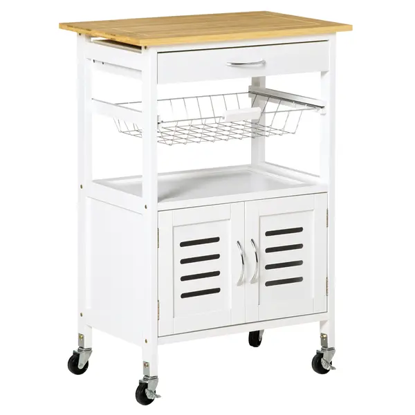 HOMCOM Carrito de Cocina cu Roti Caru cu Depozitare Multifunctional cu Suprafata de Lucru din Bambus Sertar Cos Metalic si Dulap cu 2 Usi cu Jaluzee 58x37x85,5 cm Alb | Aosom Romania