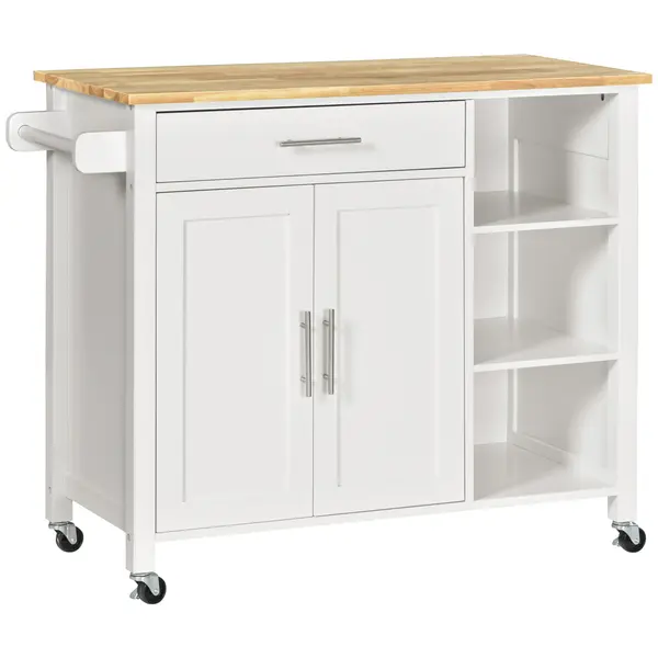 HOMCOM Carucioare de bucatarie cu 4 roți, 3 rafturi, pentru sufragerie, din MDF, Lemn și Cauciuc, 107.5x48x89 cm, Alb | Aosom Romania