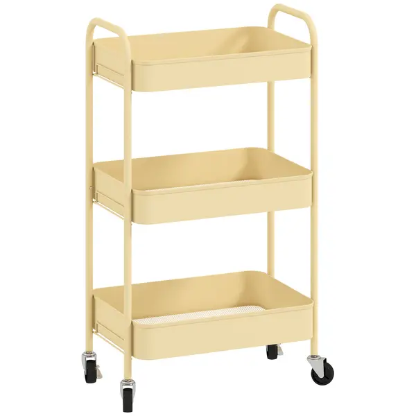 HOMCOM Cărucior auxiliar pe roți cu 3 niveluri Cărucior de bucătărie cu 3 coșuri și 2 mânere 45x30,6x79 cm Galben | Aosom Romania