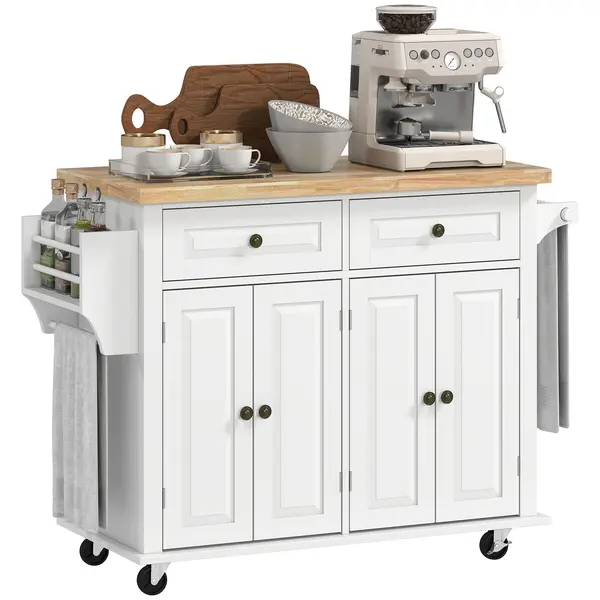 HOMCOM Carucior Bucatarie Sertare Dulapuri 4 Roti Lemn 111x44.5x82.5cm Alb | Aosom Romania