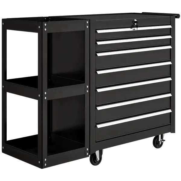 HOMCOM Carucior de atelier pentru unelte cu 7 sertare, poliță laterală detașabilă, 4 roți cu frână de blocare, 96x33,5x75cm, Negru | Aosom Romania