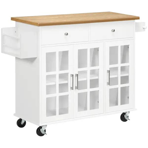 HOMCOM Cărucior de bucătărie cu roți Insulă de bucătărie cu 2 sertare 3 uși din sticlă securizată suport prosop 124,5x39,5x90 cm Alb | Aosom Romania