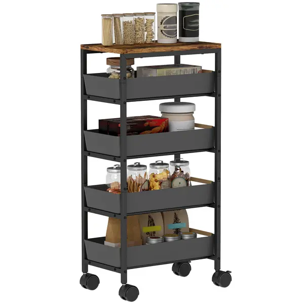 HOMCOM Carucior de Bucătărie de 5 Nivele Carucior Auxiliar cu Roți Tablou Efect Lemn Sertare Extrase 39,5x24x82 cm Negru | Aosom Romania