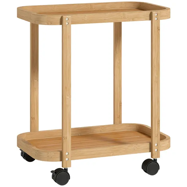 HOMCOM Cărucior de bucătărie din bambus 2 niveluri Cărucior auxiliar pentru bucătărie cu roți 2 rafturi 54x36,5x60 cm Natural | Aosom Romania