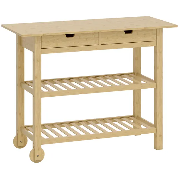 HOMCOM Cărucior de Bucătărie din Lemn de Bambus cu 2 Sertare, 2 Rafturi și 2 Roți, 100x43x75 cm, Lemn | Aosom Romania