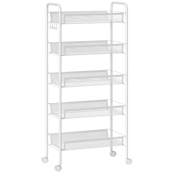 HOMCOM Cărucior de Bucătărie Economisitor de Spațiu cu 5 Nivele și Coșuri de Plasă, 45x26.5x106 cm, Alb | Aosom Romania