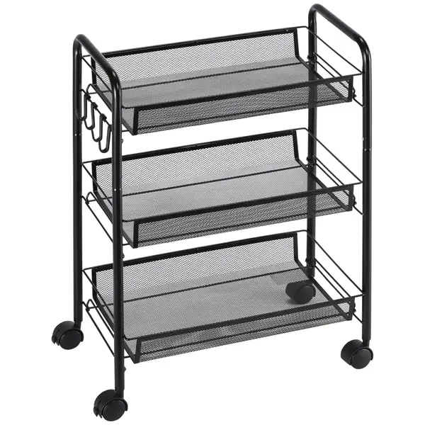 HOMCOM Cărucior de Bucătărie Multifuncțional cu 3 Niveluri, Coșuri Detașabile, 4 Roți, Oțel și Plastic PP, 45Lx26,5x63cm, Negru | Aosom Romania