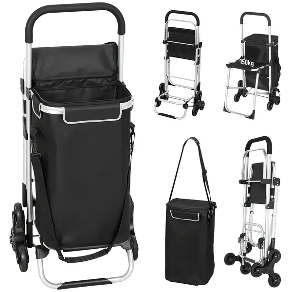 HOMCOM Cărucior de Cumpărături cu Geantă Impermeabilă de 40L, 46x59.5x97 cm, Negru și Argintiu | Aosom Romania