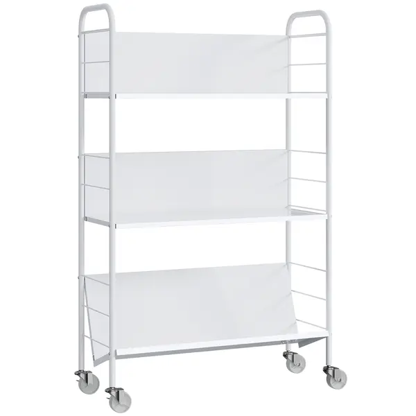 HOMCOM Cărucior Modern pentru Cărți cu 3 Nivele și Roți Pivotante pentru Cărți și Reviste, 69x26x108 cm, Alb | Aosom Romania