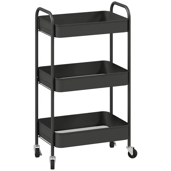 HOMCOM Cărucior multifuncțional mobil pentru bucătărie, 3 rafturi, 4 roți, 45 cm x 30,6 cm x 79 cm, Negru | Aosom Romania