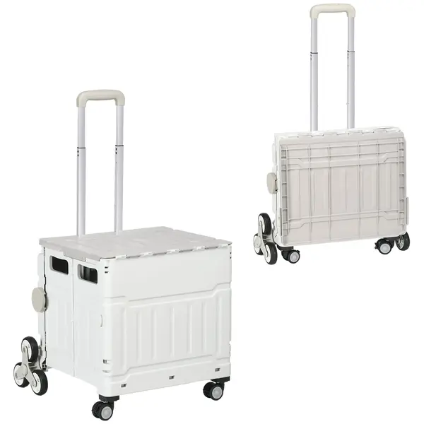 HOMCOM Cărucior Pliabil pentru Cumpărături cu Roți pentru Scări și Mâner Telescopic, Capacitate 80 kg, 51L, Cărucior din Aluminiu pentru Cumpărături și Camping, Alb, 52 x 48 x 100 cm | Aosom Romania