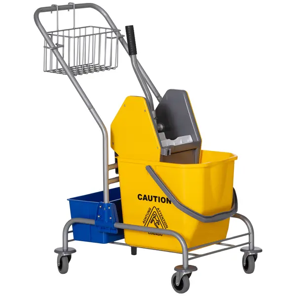 HOMCOM Cărucior Profesional de Curățenie cu Coș Suspendat, Raft, Găleată de 25 L și Cârlig, 72x49,5x95 cm, Galben | Aosom Romania