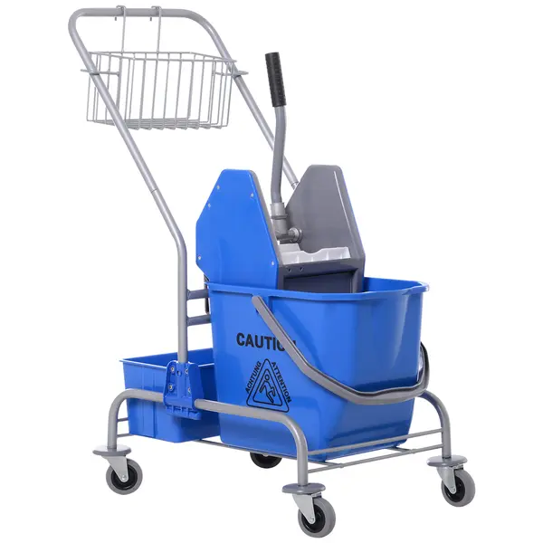 HOMCOM Cărucior Profesional de Curățenie cu Coș Suspendat, Raft și Găleată de 25L cu Storcător, 72x49,5x95 cm, Albastru | Aosom Romania