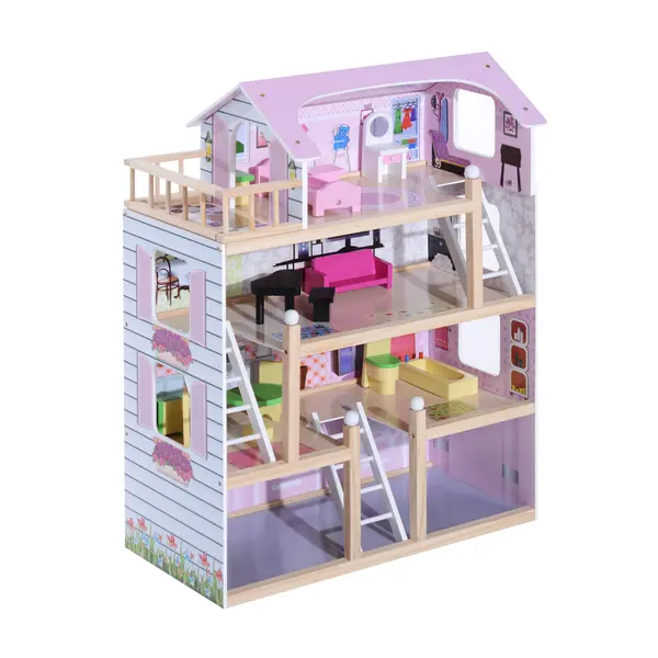 HOMCOM Casă de Păpuși pentru Copii 3+ Ani din Lemn de Pin și MDF cu 4 Etaje și 13 Accesorii, 60x30x80 cm, Roz | Aosom Romania