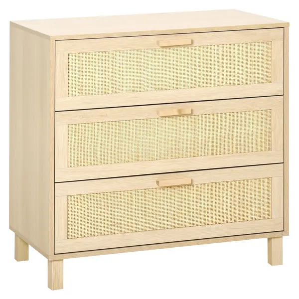 HOMCOM Casetiera cu 3 din lemn si ratan pentru camera de zi si dormitor, 80x40x80cm Culoare Lemn Natural | AOSOM.ro
