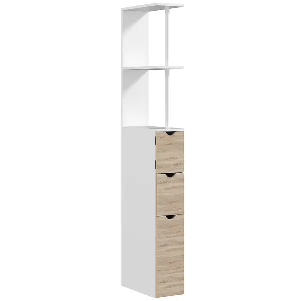 HOMCOM Coloană de Baie din Lemn cu Dulap, Rafturi și Sertare, 15x33x136 cm, Lemn Natural | Aosom Romania