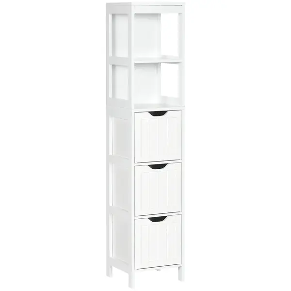 HOMCOM Coloană înaltă de Baie Îngustă cu 3 Sertare și 2 Rafturi Deschise Stil Modern 30x30x141,6 cm Alb | Aosom Romania