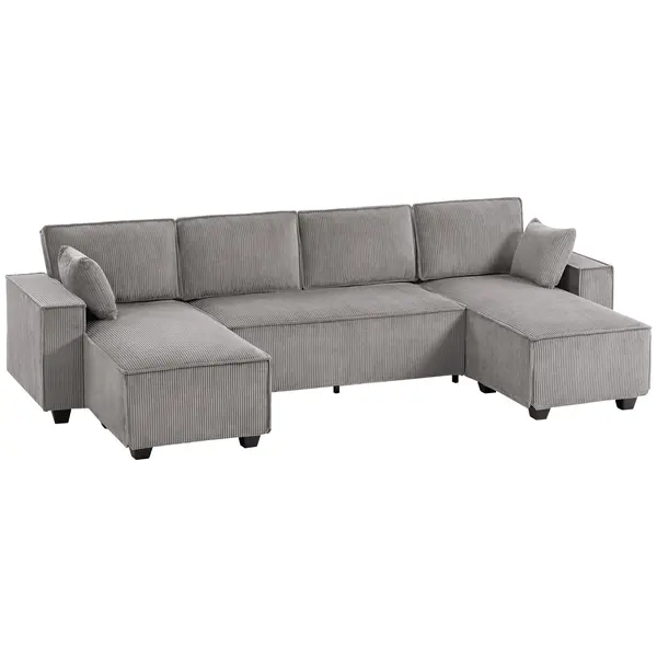 HOMCOM Colțar cu două chaise-longue, canapea în formă de U din material cord cu șezut lat și adânc, perne cu arc, Gri deschis | Aosom Romania