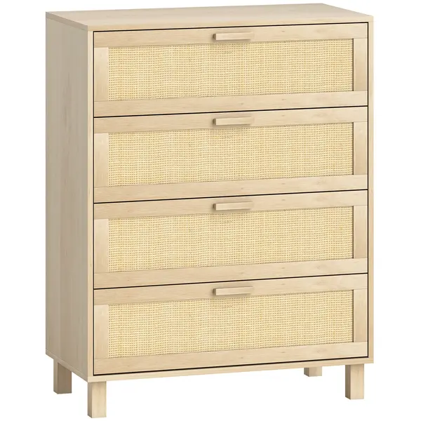HOMCOM Comodă 4 sertare cannage din ratan dim. 80L x 40l x 103H cm MDF Aspect Lemn Deschis | Aosom Romania