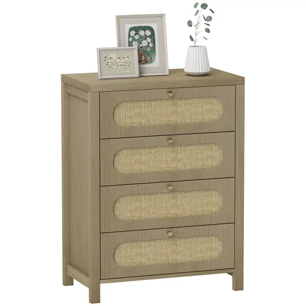 HOMCOM Comodă 4 sertare mobilier de depozitare stil boemian cu uși din răchită, 70 x 38 x 93 cm, efect lemn natural | Aosom Romania