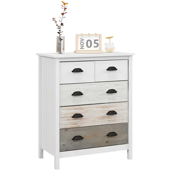 HOMCOM Comodă 5 sertare mobilier de depozitare cu mânere, 70 x 38 x 85 cm, alb | Aosom Romania