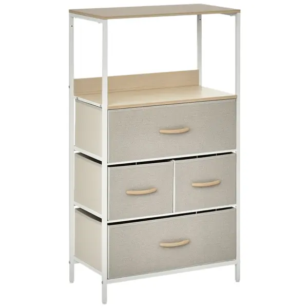 HOMCOM Comodă cameră mobilier de depozitare comodă 4 sertare din țesătură pliabile și detașabile cu rafturi deschise și cadru de metal, comodă pentru sufragerie, cameră, intrare, gri deschis | Aosom Romania