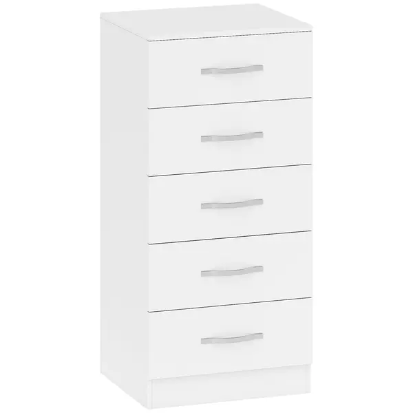 HOMCOM Comodă cu 5 Sertare, Design Modern, Slim, cu Mânere Argintii, Ideală pentru Dormitor, Cameră, Hol sau Living, Dimensiuni 40x35x85 cm, Alb | Aosom Romania
