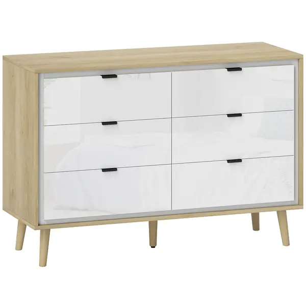 HOMCOM Comodă cu 6 Sertare din Lemn 110x40x75 cm Alb Lucios și Stejar | Aosom Romania