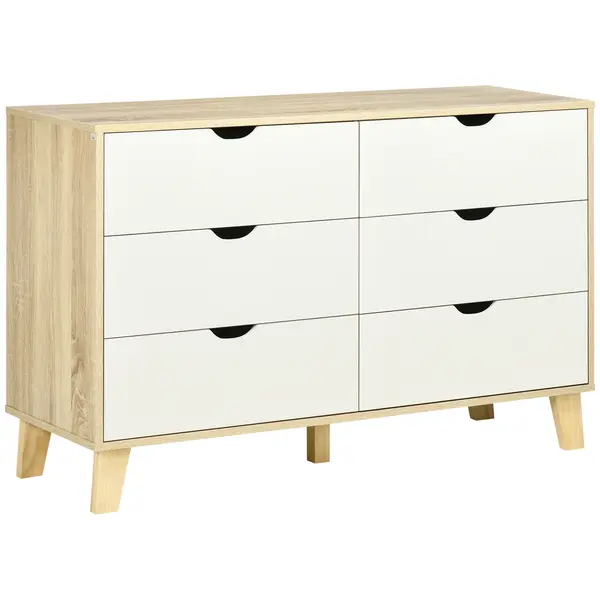 HOMCOM Comodă cu 6 Sertare, Mânere Sculptate și Picioare Trapezoidale, 120x40x76 cm, Lemn Natural | Aosom Romania