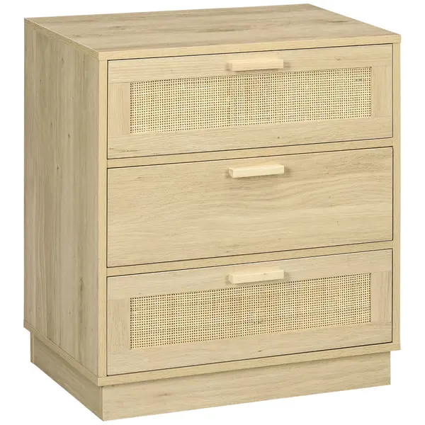 HOMCOM Comoda design boem din ratan cu 3 sertare, mobilier de depozitare pentru living, hol, intrare, lemn natural | Aosom Romania