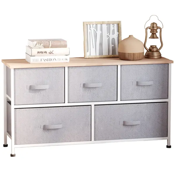HOMCOM Comodă mobilier de depozitare 100 x 30 x 54 cm 5 sertare netesut gri structură oțel alb lemn deschis | Aosom Romania