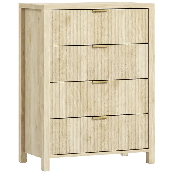 HOMCOM Comodă pentru Dormitor cu 4 Sertare Canelate, Comodă din Lemn cu Mânere Aurii, pentru Sufragerie, Sala de Mese și Hol, 70x38x93 cm, Lemn Natural | Aosom Romania