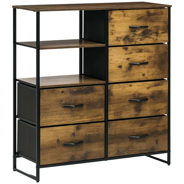 HOMCOM Comodă Pliabilă cu 6 Sertare, 2 Rafturi Deschise din Material și Picioare Reglabile, 84x30x92 cm, Maro Rustic | Aosom Romania