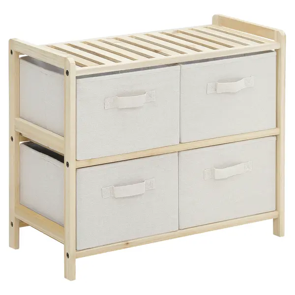 HOMCOM Comodă textilă de depozitare cu 4 sertare pliabile din țesătură de in, stil elegant, pentru dormitor birou sufragerie, 59 x 28 x 50 cm lemn natural bej | Aosom Romania