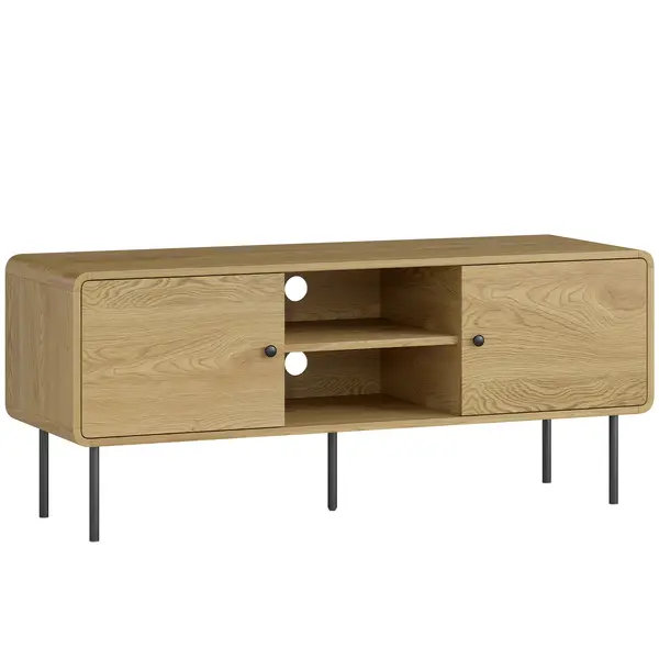 HOMCOM Comodă TV, suport TV până la 139,7 cm cu 2 uși, 2 compartimente deschise, picioare din oțel, 120x40x50cm, stejar | Aosom Romania