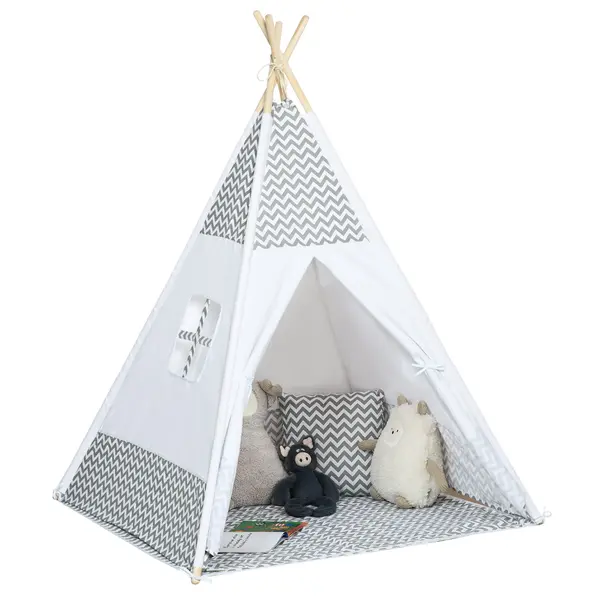 HOMCOM Cort Teepee Indian Cort de joacă pentru Copii în Stil Grafic - dim. 1,2L x 1,2l x 1,55H m - Ușă închisă Fereastră Covor Pernă Geantă Transport Inclusă - la Interior și Exterior Gri Alb | Aosom Romania