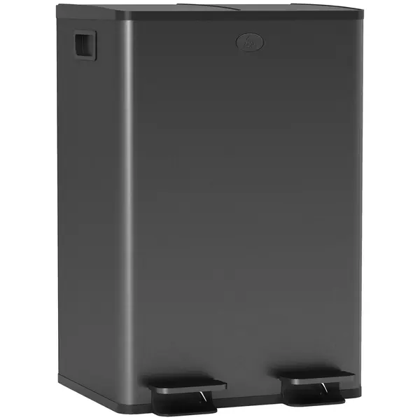 HOMCOM Coș de bucătărie 2 compartimente de 2 x 28L, oțel inoxidabil, capac cu închidere silențioasă, 45,8x36x67,6cm, negru | Aosom Romania