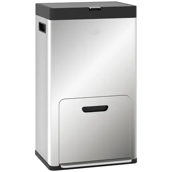 HOMCOM Coș de Gunoi cu 3 Compartimente de 56L, Pedală și Închidere Silențioasă, 45,7x35,8x76 cm, Argintiu | Aosom Romania